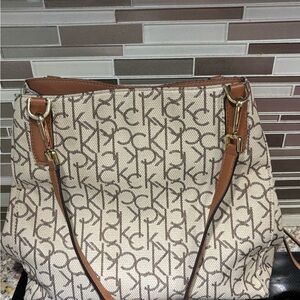 Calvin Klein Monogrammed Tan and Brown Shoulder Bag